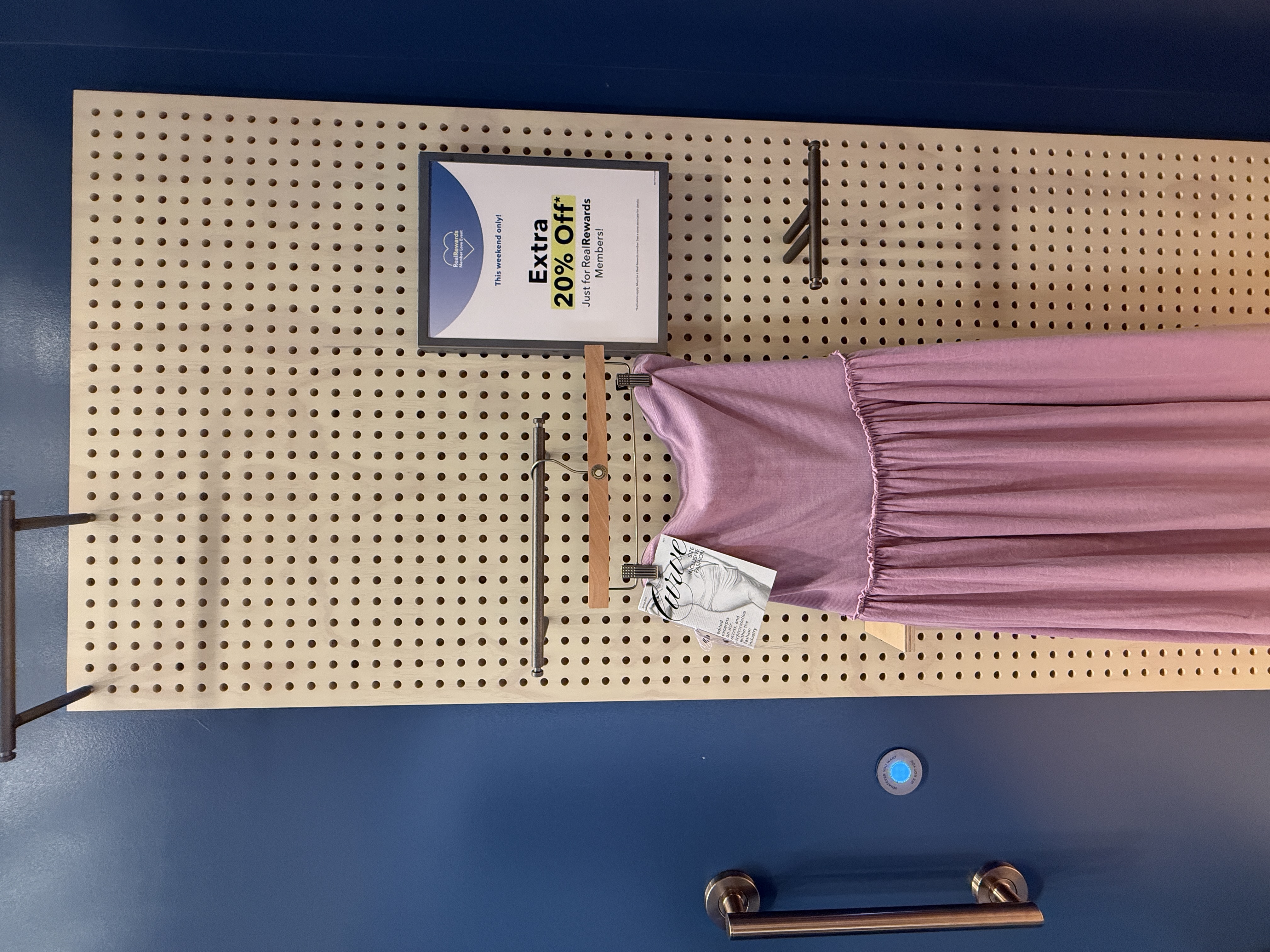 Zine clipped on hanger with purple dress hanging in american eagle dressing room